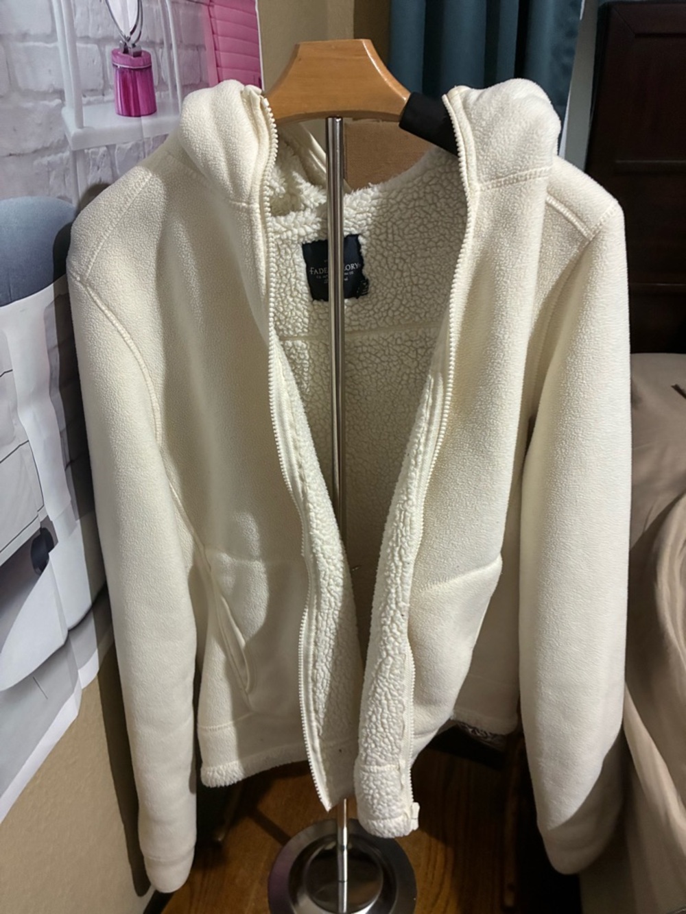 Faded Glory Cream Sherpa-Lined Hooded Zip Jacket